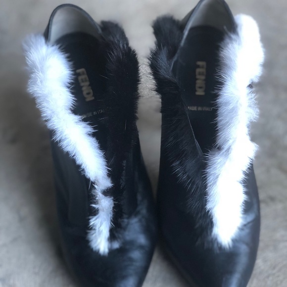 FENDI black and white fur trim ankle boots - Picture 3 of 7